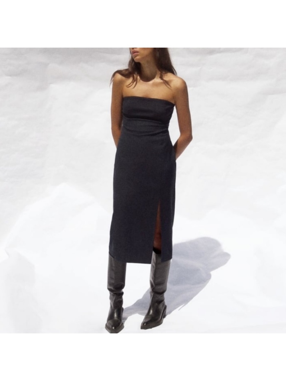 Zara Black Strapless Midi Dress with Side Slit